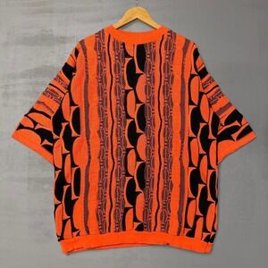 Vintage Coogi Australia Short Sleeve Knit Sweater Orange Black 3D Textured XL